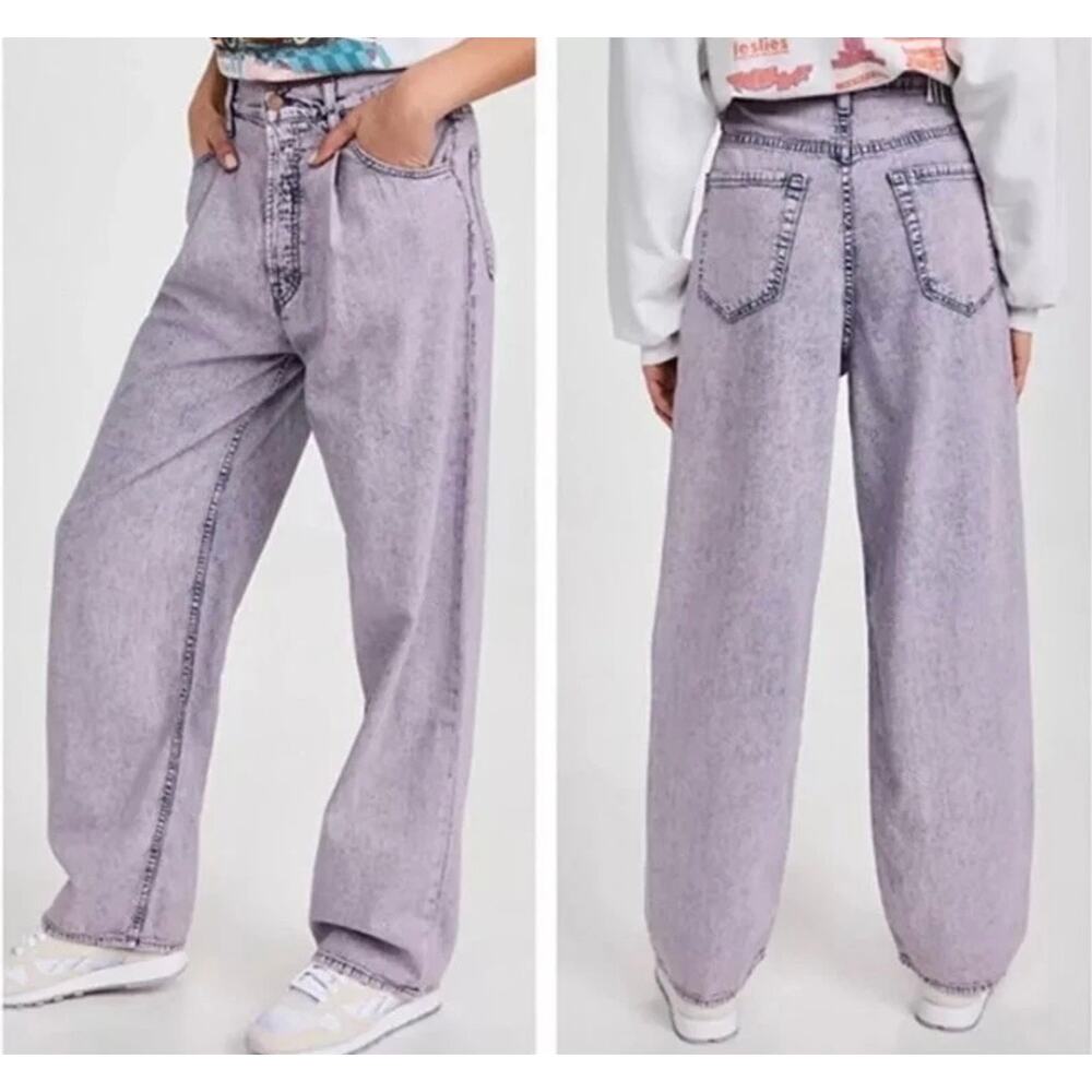Mother Snacks The Pleated Fun Dip Puddle Wide Leg Jeans Silver Pink Size 29 USA